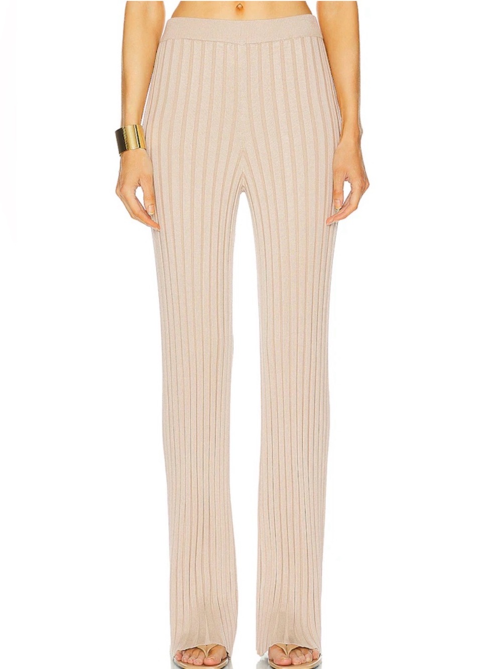 L’Academie Seraph Ribbed Knit High Rise Flare Pants Champagne Tan Medium - Picture 11 of 11